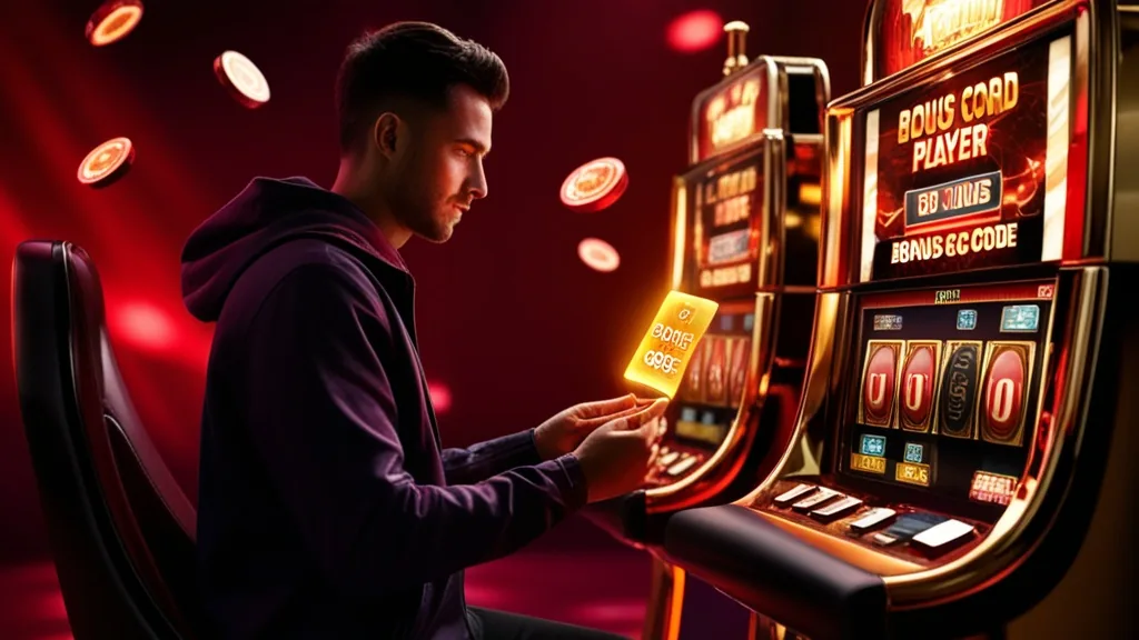 Spieler prüft einen Bonuscode neben einem leuchtenden Slotautomaten