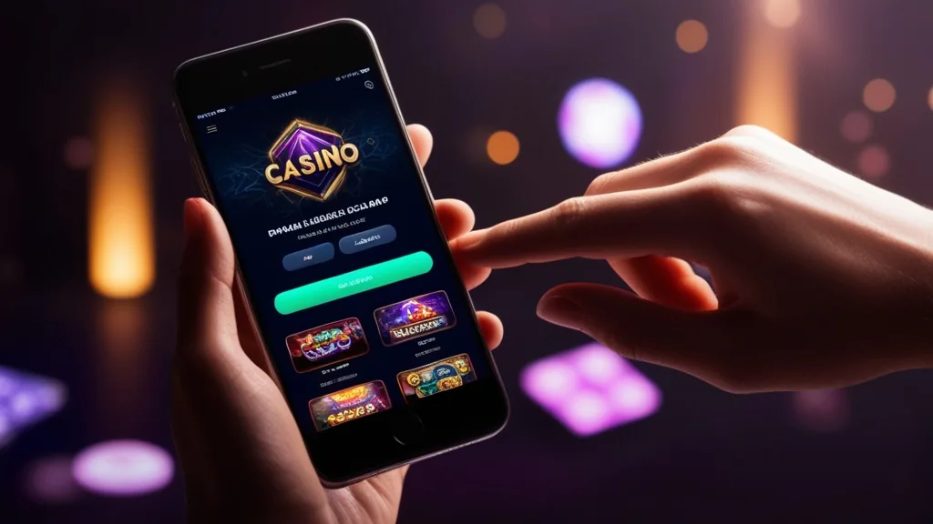 Smartphone mit mobiler Casino-Oberfläche im dunklen Neon-Look