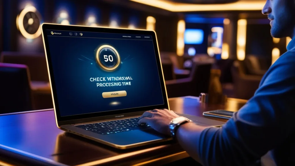 Spieler prüft die Auszahlungsdauer an einem Laptop im dunklen Casino-Ambiente
