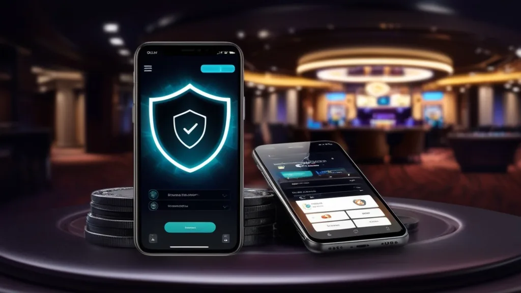 Smartphone mit Sicherheits-Symbolen vor dunkler Casino-Hintergrundszene
